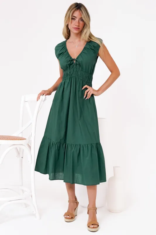 Miramar Midi Dress - V-Neck Gathered Bust Cap Sleeve Dress with Pockets in Emerald sold by Salty Crush
