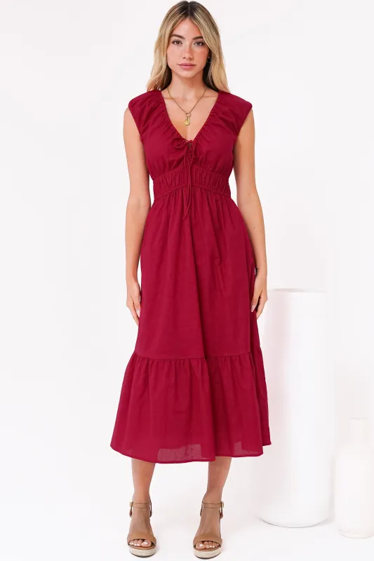 Miramar Midi Dress - V-Neck Gathered Bust Cap Sleeve Dress with Pockets in Red sold by Salty Crush