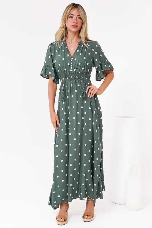 Jemina Maxi Dress - V-Neck Elasticated Waist A-Line Dress in Parisian Polka Print Khaki sold by Salty Crush