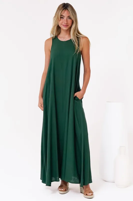 Tineshe Maxi Dress - Crew Neck Streamlined Sleeveless Dress with Pockets in Emerald sold by Salty Crush