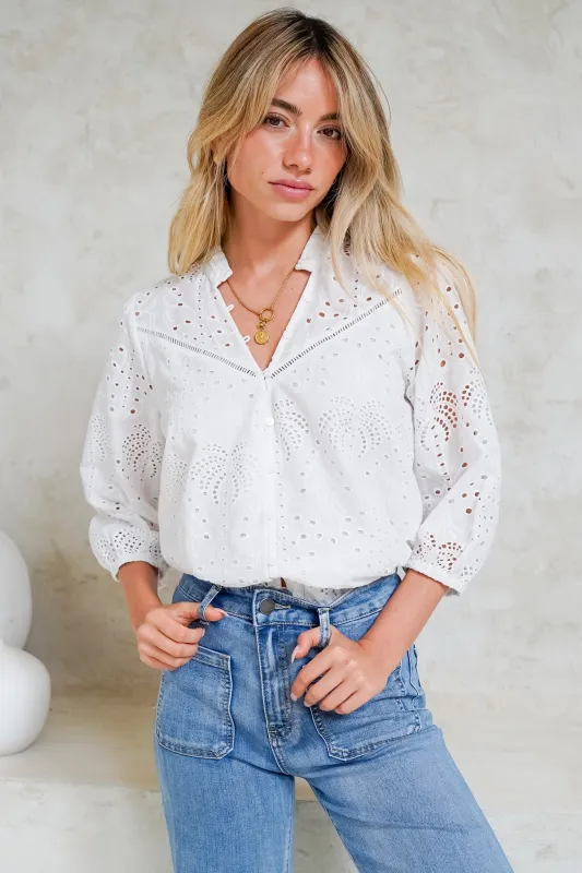 Ardena Blouse - Eyelet Embroidery Cotton Button Down with 3/4 Sleeves in White sold by Salty Crush