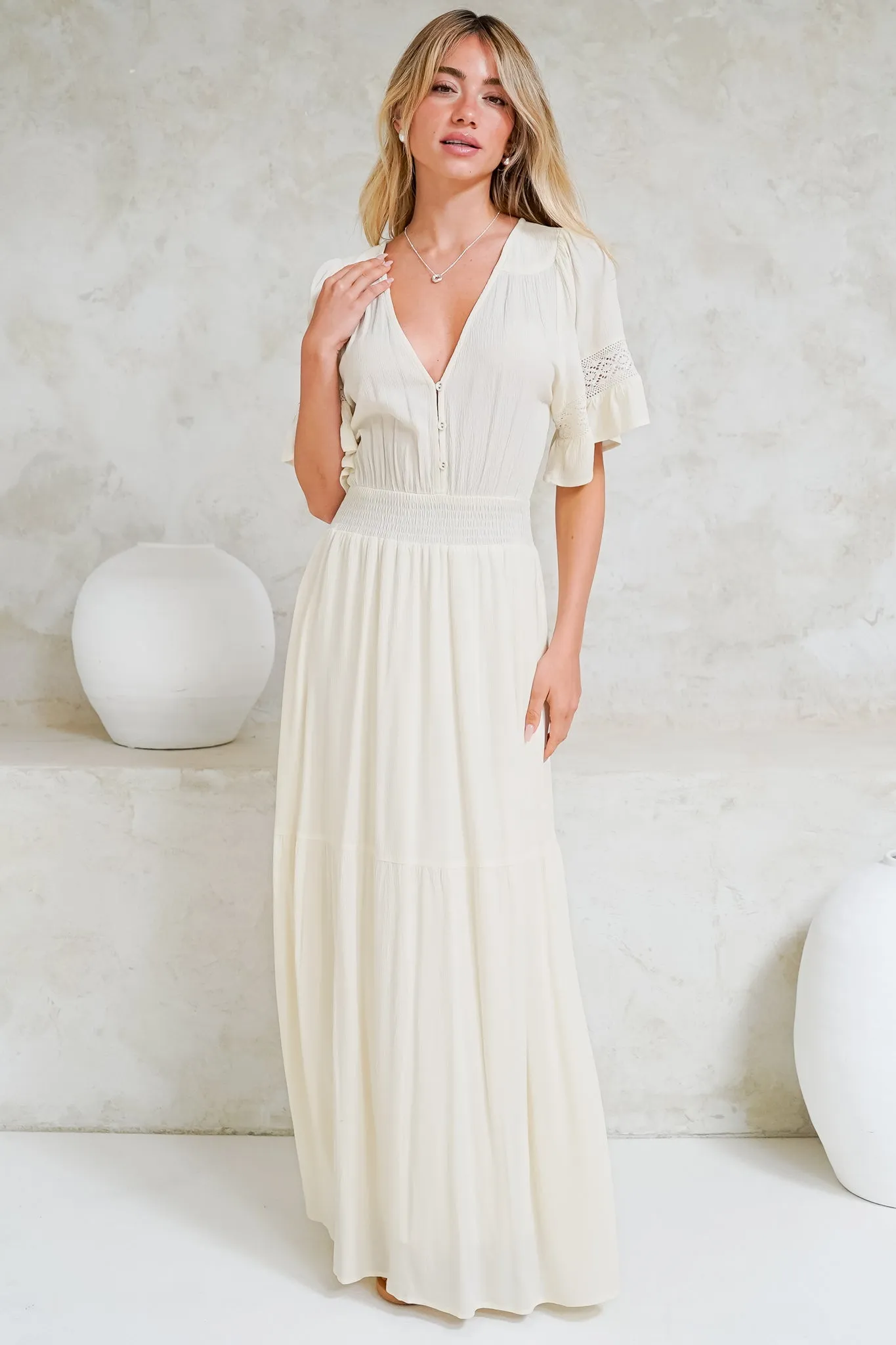 Alexandra Maxi Dress - Delicate Lace Detailed A-Line Dress with Short Sleeves in Cream sold by Salty Crush product image thumbnail 5