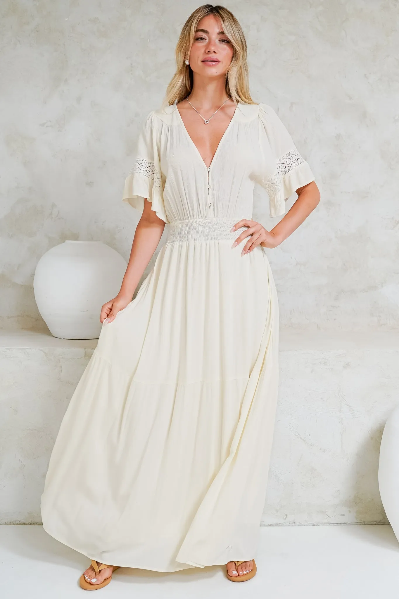 Alexandra Maxi Dress - Delicate Lace Detailed A-Line Dress with Short Sleeves in Cream sold by Salty Crush product image thumbnail 3