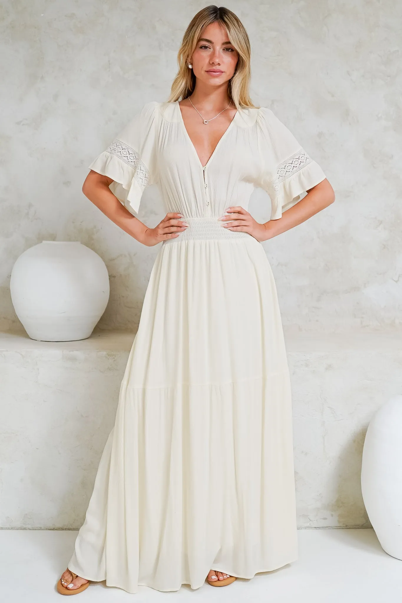 Alexandra Maxi Dress - Delicate Lace Detailed A-Line Dress with Short Sleeves in Cream sold by Salty Crush