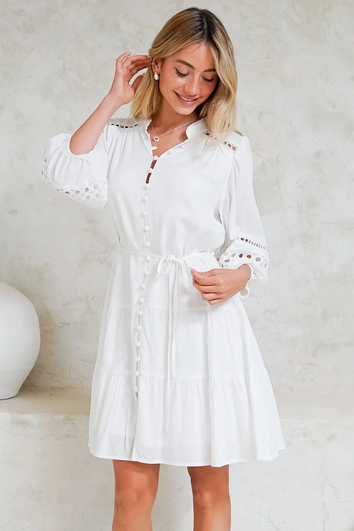 Alyce Mini Dress - Button Down Dress with Cut Out Detailed Sleeves and Matching Belt in White sold by Salty Crush product image thumbnail 5