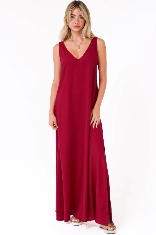 Janeen Maxi Dress - A-Line Sleeveless Dress with Side Splits in Red sold by Salty Crush