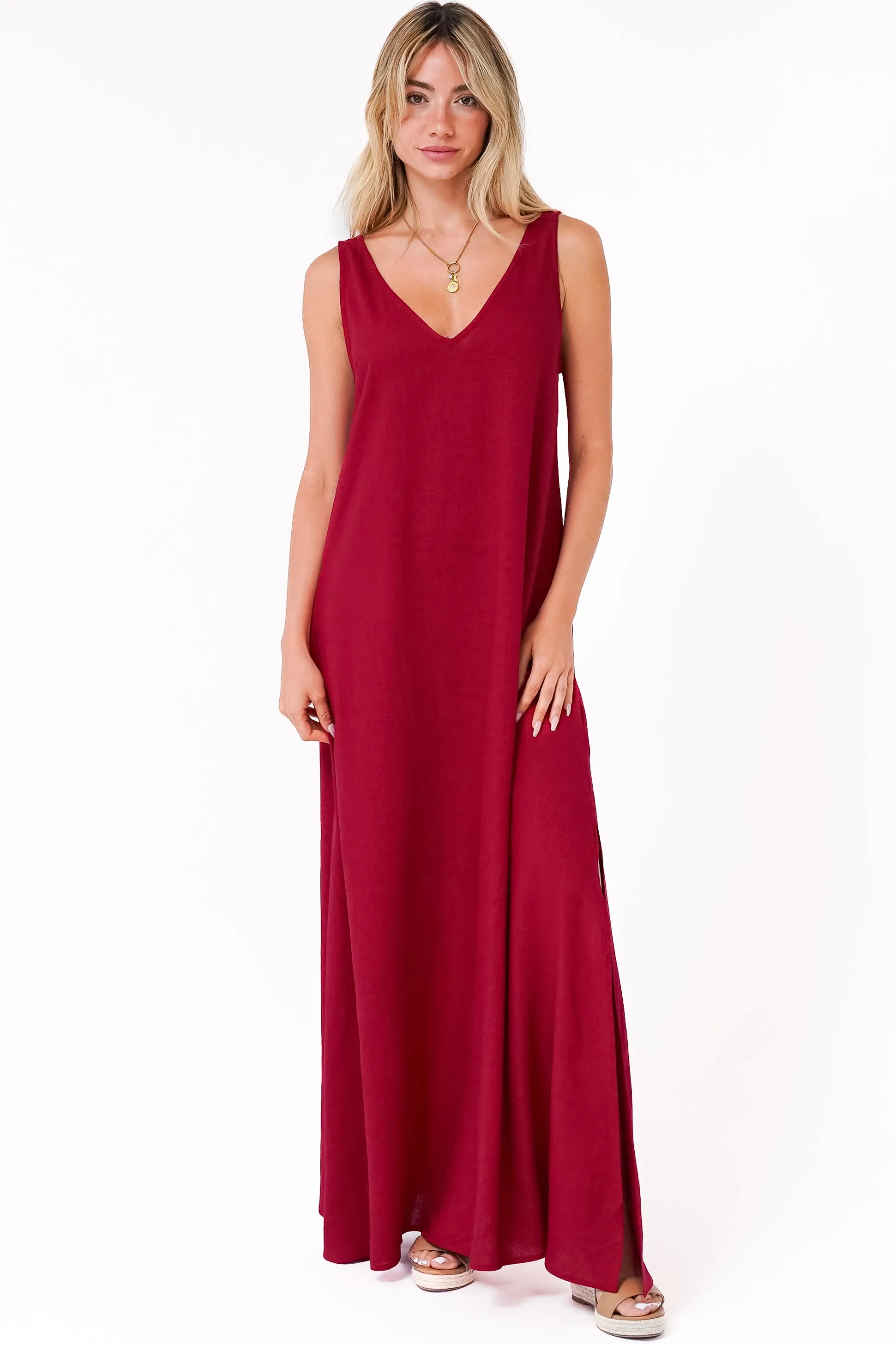 Janeen Maxi Dress - A-Line Sleeveless Dress with Side Splits in Red sold by Salty Crush