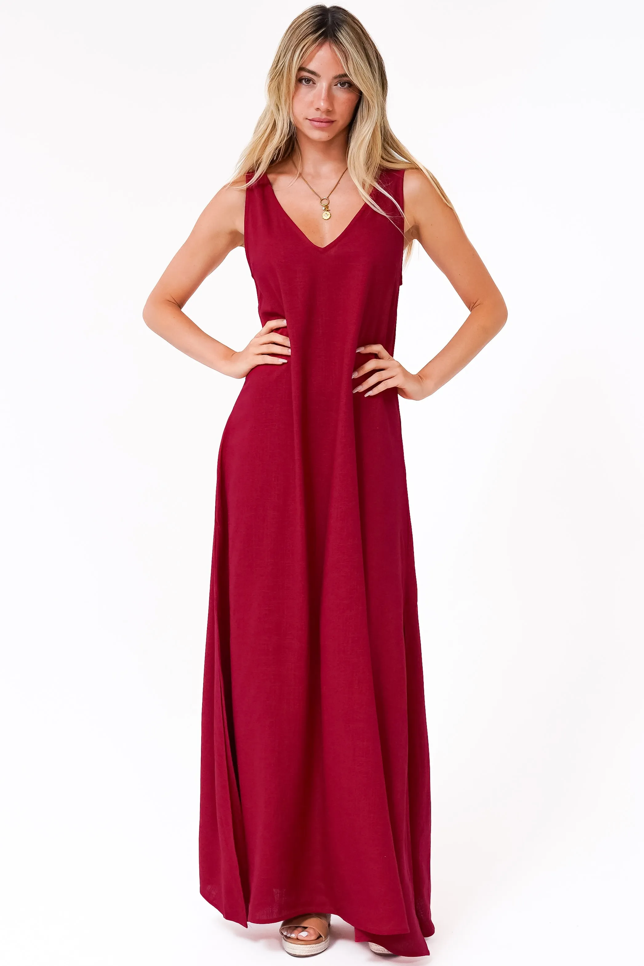 Janeen Maxi Dress - A-Line Sleeveless Dress with Side Splits in Red sold by Salty Crush product image thumbnail 2