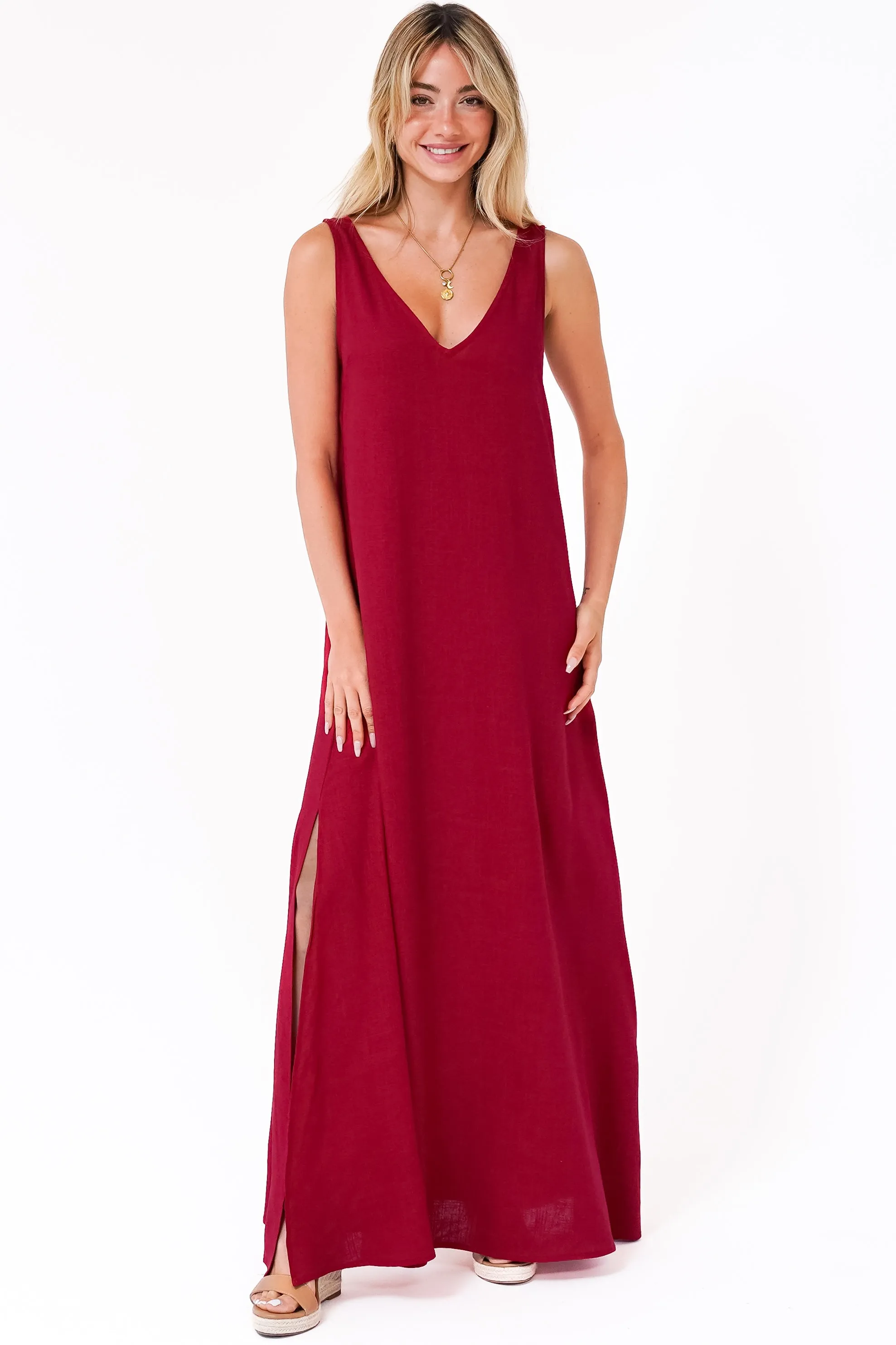 Janeen Maxi Dress - A-Line Sleeveless Dress with Side Splits in Red sold by Salty Crush product image thumbnail 3