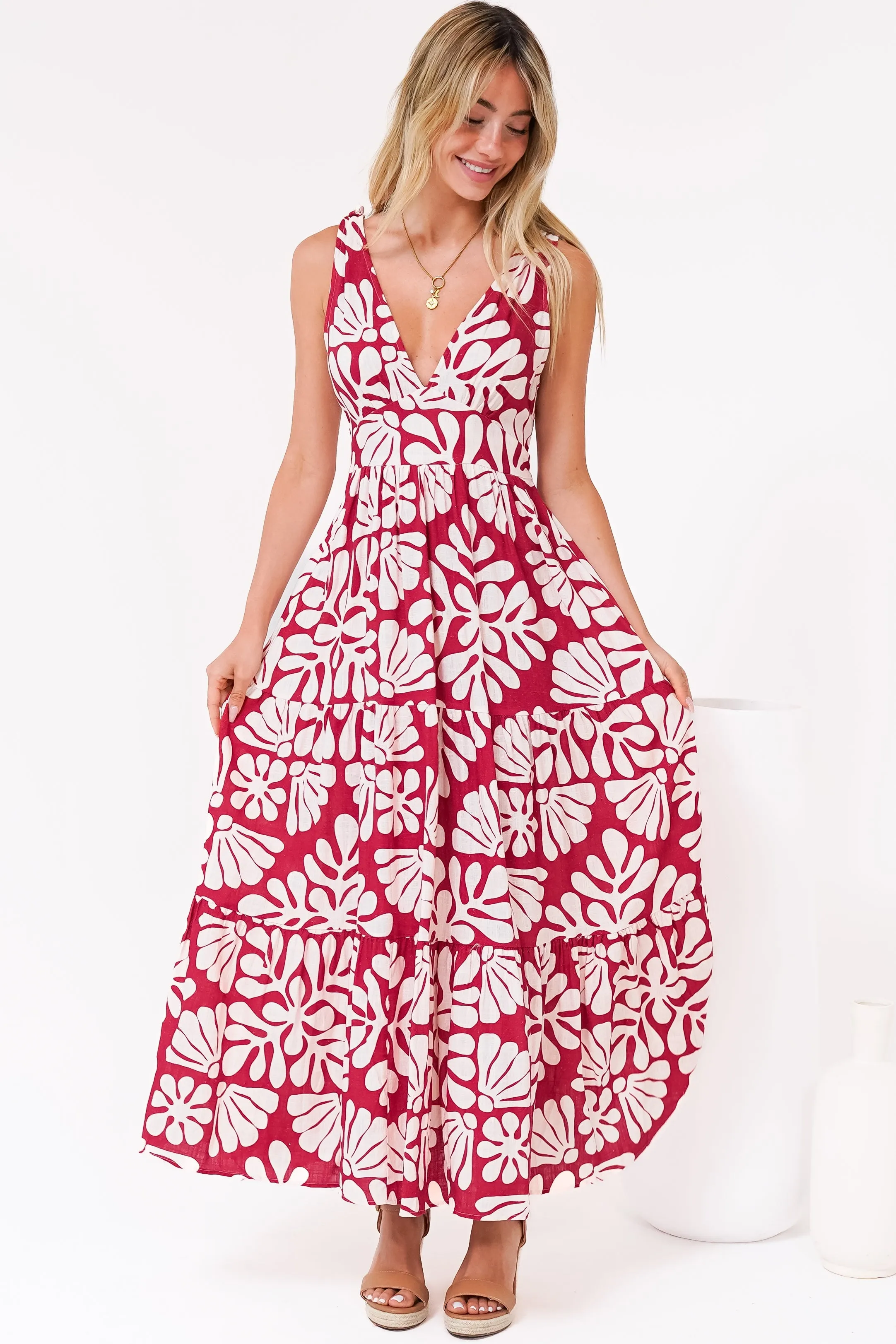 Maude Maxi Dress - Deep V-Neck Ties on Shoulders Tiered Dress in Lunie Print Red sold by Salty Crush product image thumbnail 5