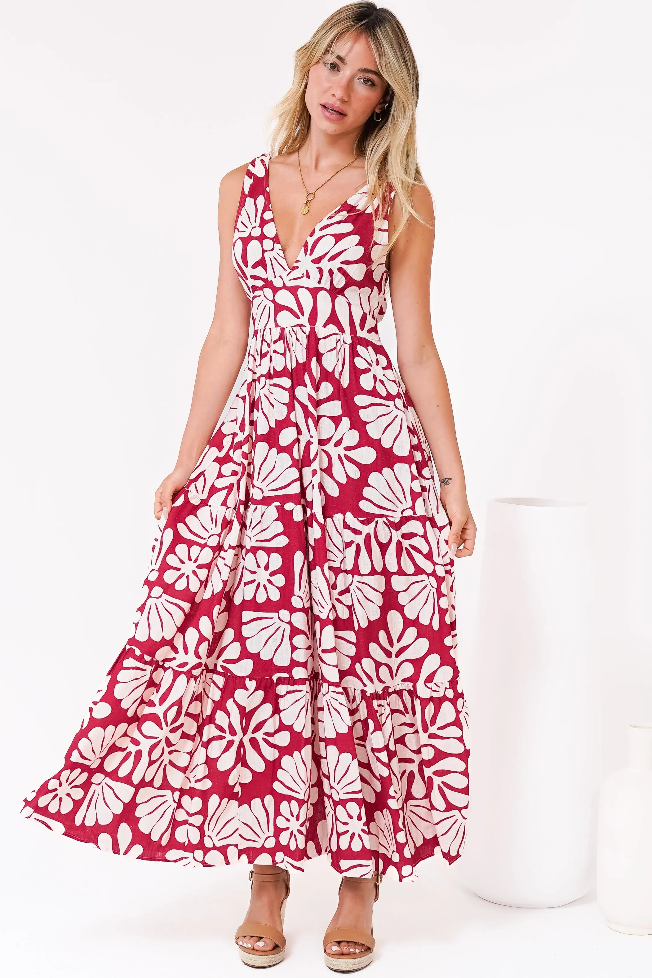 Maude Maxi Dress - Deep V-Neck Ties on Shoulders Tiered Dress in Lunie Print Red sold by Salty Crush product image thumbnail 2