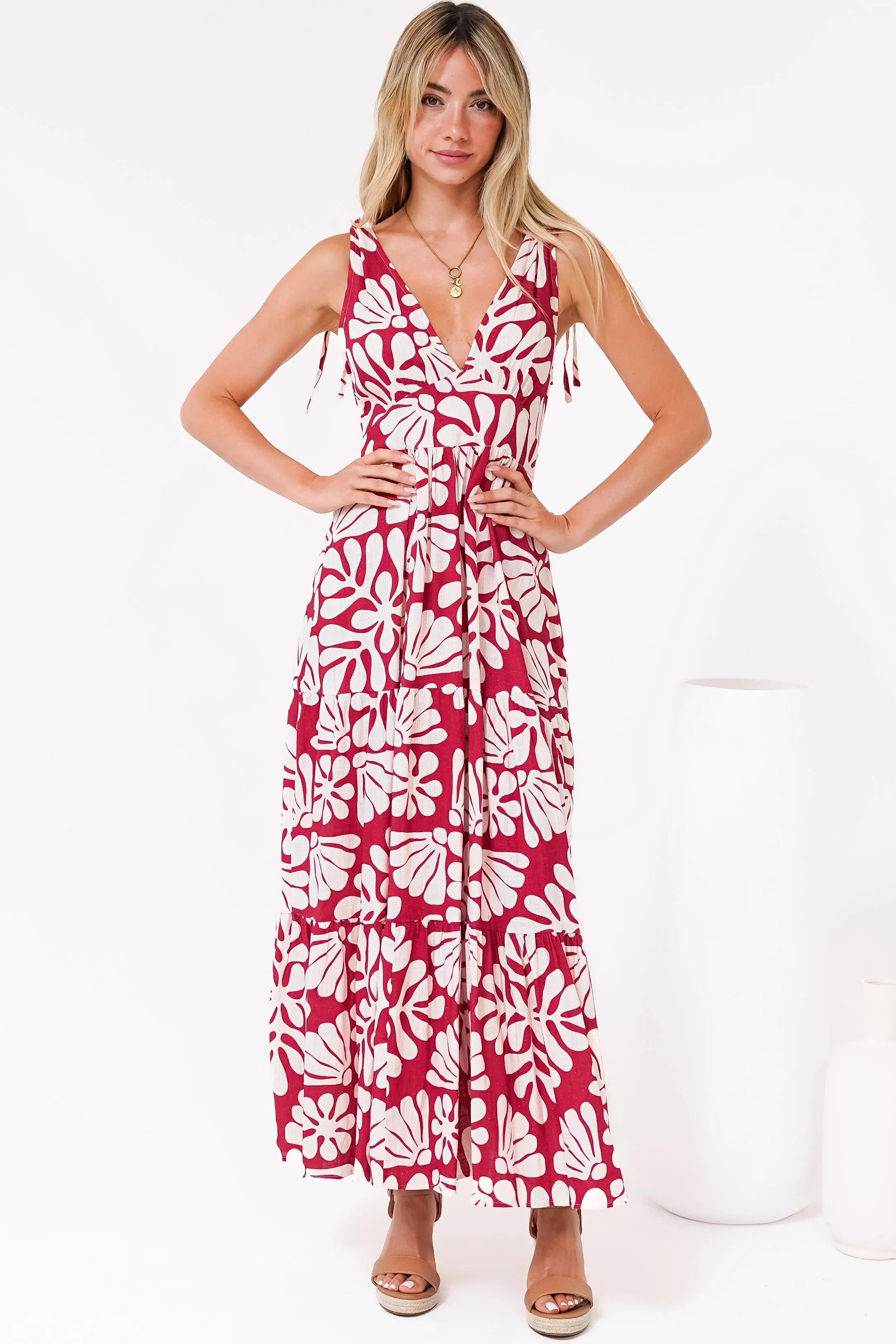 Maude Maxi Dress - Deep V-Neck Ties on Shoulders Tiered Dress in Lunie Print Red sold by Salty Crush product image thumbnail 3