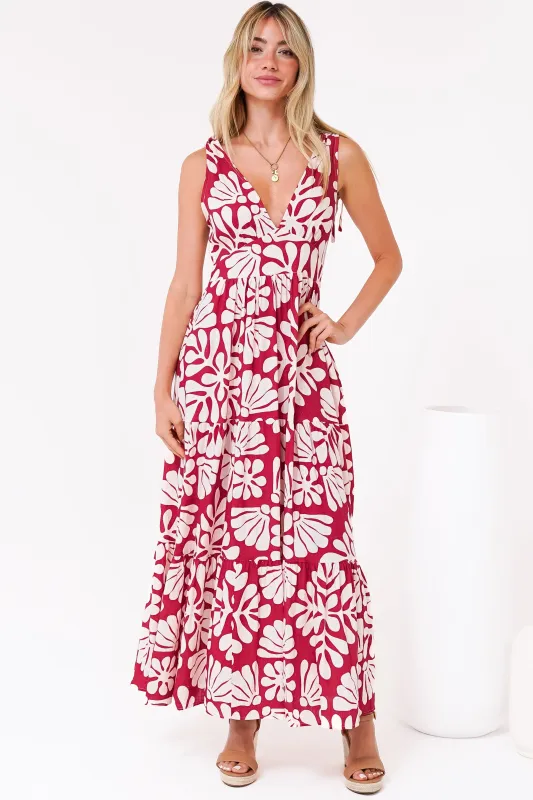 Maude Maxi Dress - Deep V-Neck Ties on Shoulders Tiered Dress in Lunie Print Red sold by Salty Crush