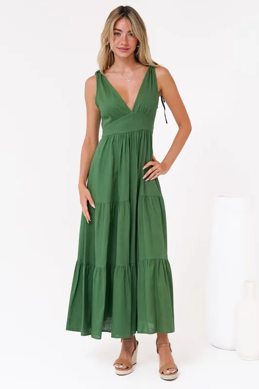 Maude Maxi Dress - Deep V-Neck Ties on Shoulders Tiered Dress in Green sold by Salty Crush