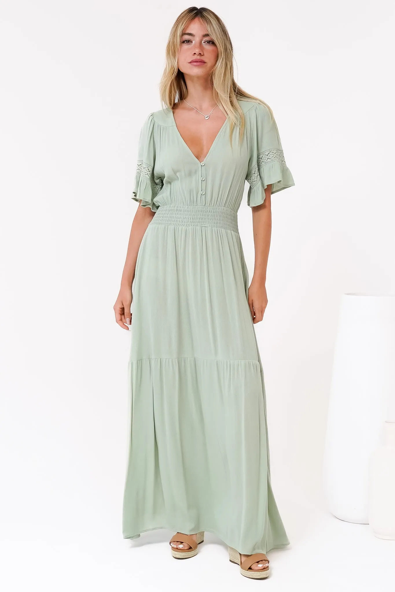 Alexandra Maxi Dress - Delicate Lace Detailed A-Line Dress with Short Sleeves in Mint sold by Salty Crush product image thumbnail 4