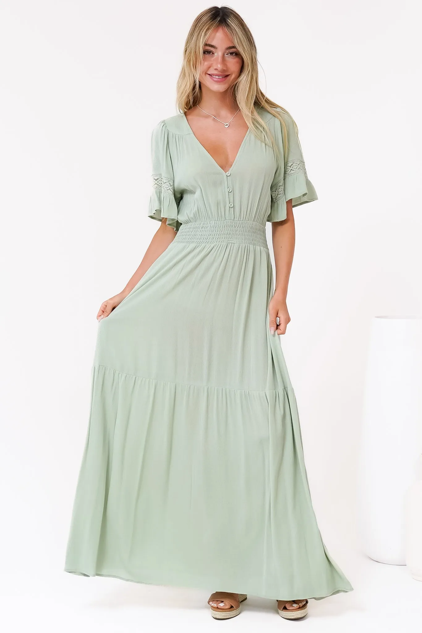 Alexandra Maxi Dress - Delicate Lace Detailed A-Line Dress with Short Sleeves in Mint sold by Salty Crush