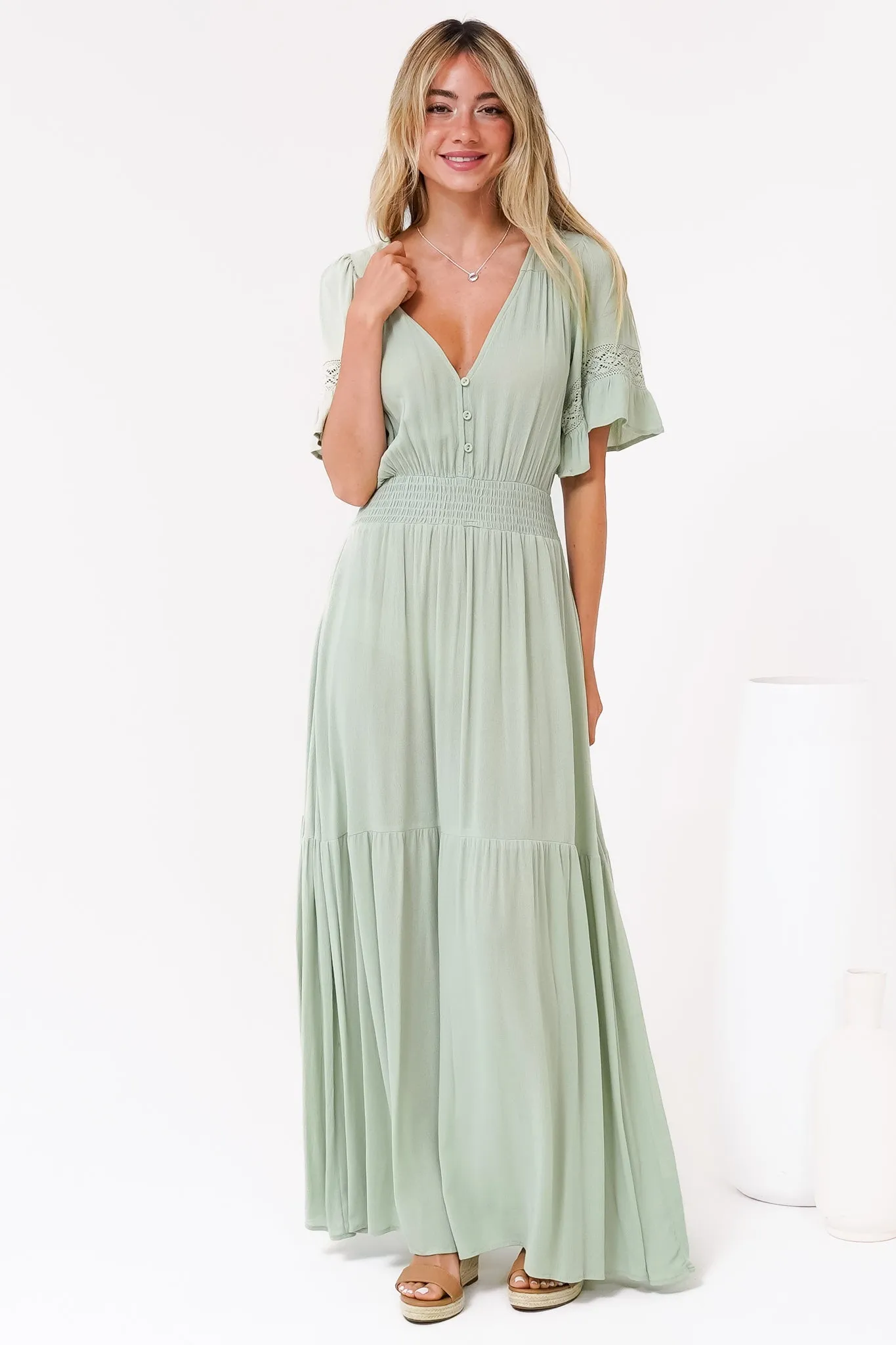 Alexandra Maxi Dress - Delicate Lace Detailed A-Line Dress with Short Sleeves in Mint sold by Salty Crush product image thumbnail 2