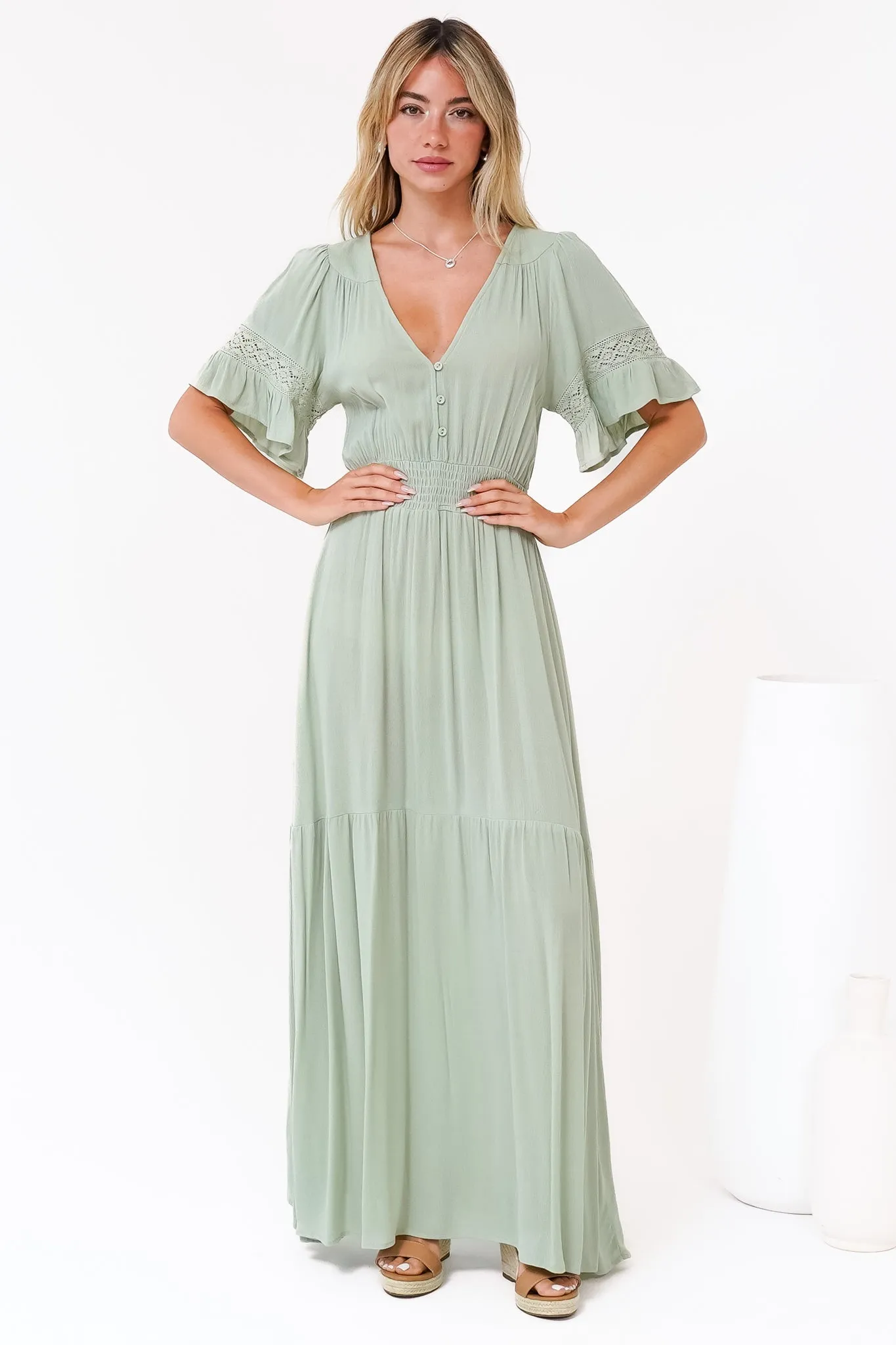 Alexandra Maxi Dress - Delicate Lace Detailed A-Line Dress with Short Sleeves in Mint sold by Salty Crush product image thumbnail 3
