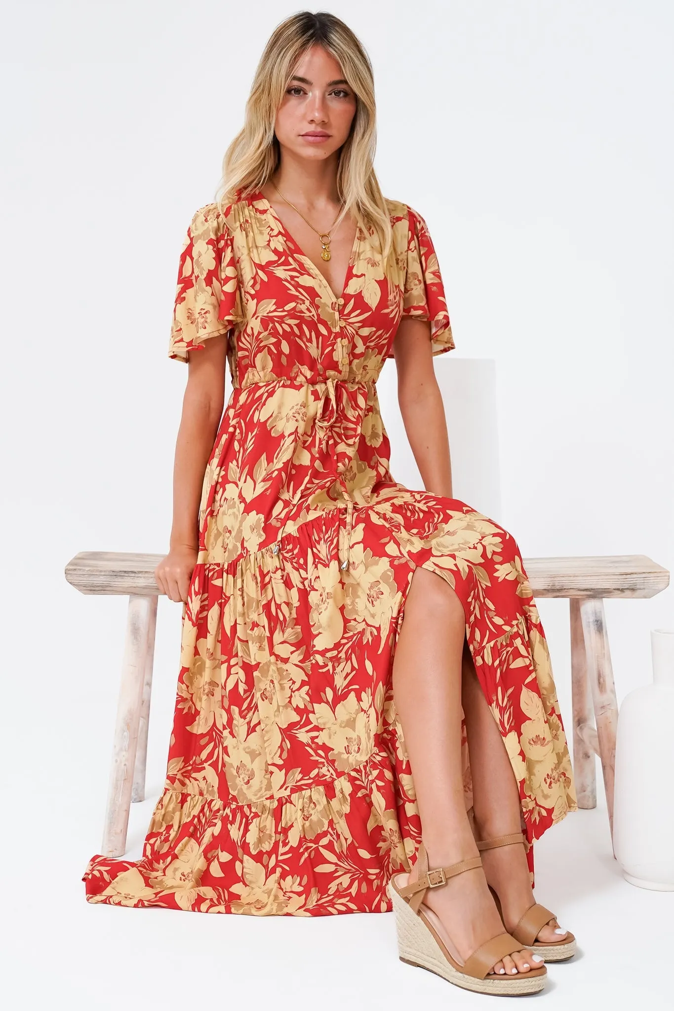 Ziggy Maxi Dress - Cap Sleeve Tiered Dress with Pull Tie Waist in Chianti Print Red sold by Salty Crush product image thumbnail 4
