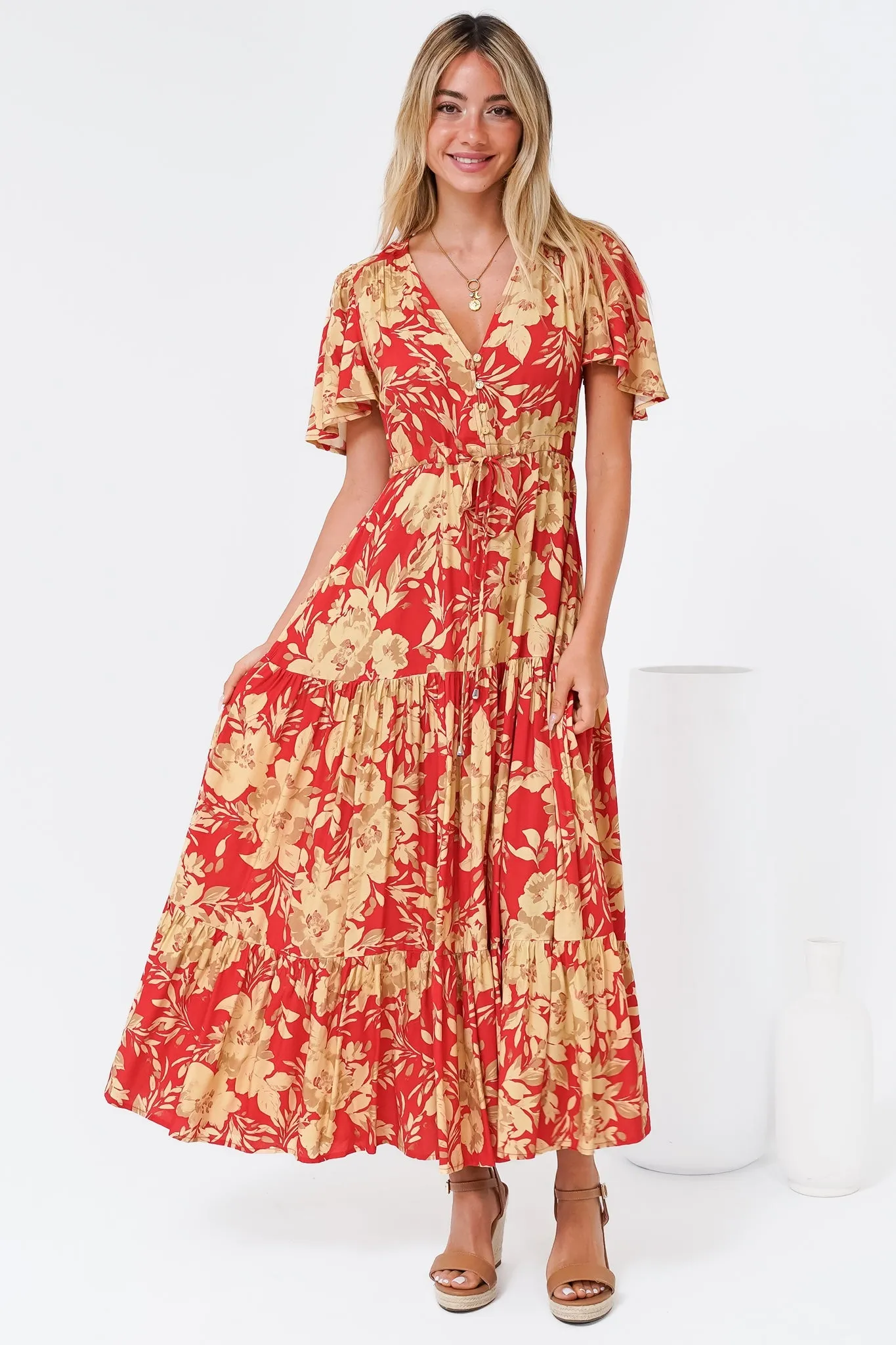 Ziggy Maxi Dress - Cap Sleeve Tiered Dress with Pull Tie Waist in Chianti Print Red sold by Salty Crush