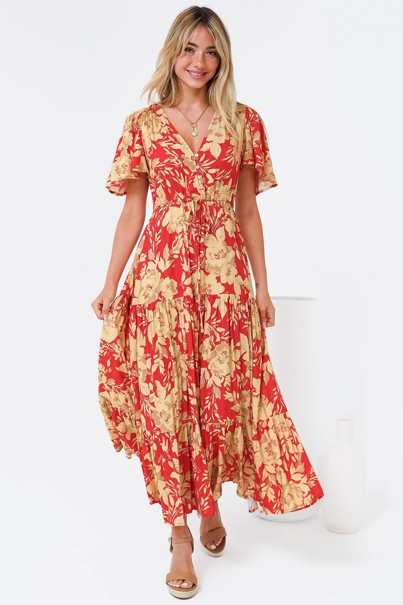 Ziggy Maxi Dress - Cap Sleeve Tiered Dress with Pull Tie Waist in Chianti Print Red sold by Salty Crush product image thumbnail 3