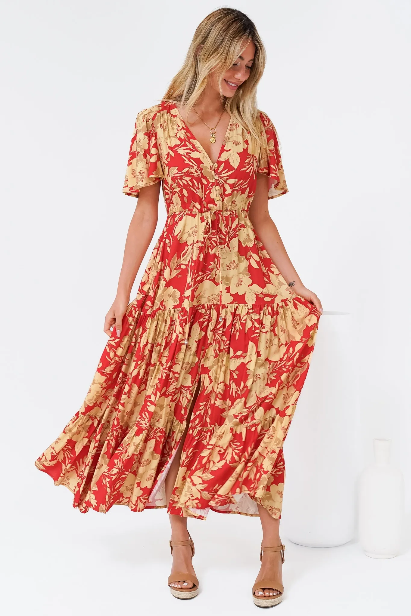 Ziggy Maxi Dress - Cap Sleeve Tiered Dress with Pull Tie Waist in Chianti Print Red sold by Salty Crush product image thumbnail 5