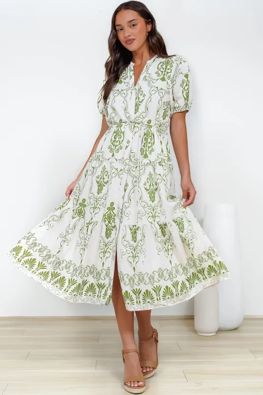 Andrea Midi Dress - Tiered Mandarin Collar Shirt Dress with Belt in Calita Print sold by Salty Crush