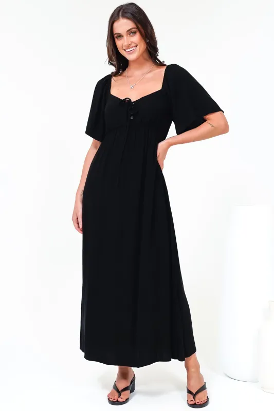 Henrietta Midi Dress - Sweetheart Neckline Short Sleeve Dress in Black sold by Salty Crush