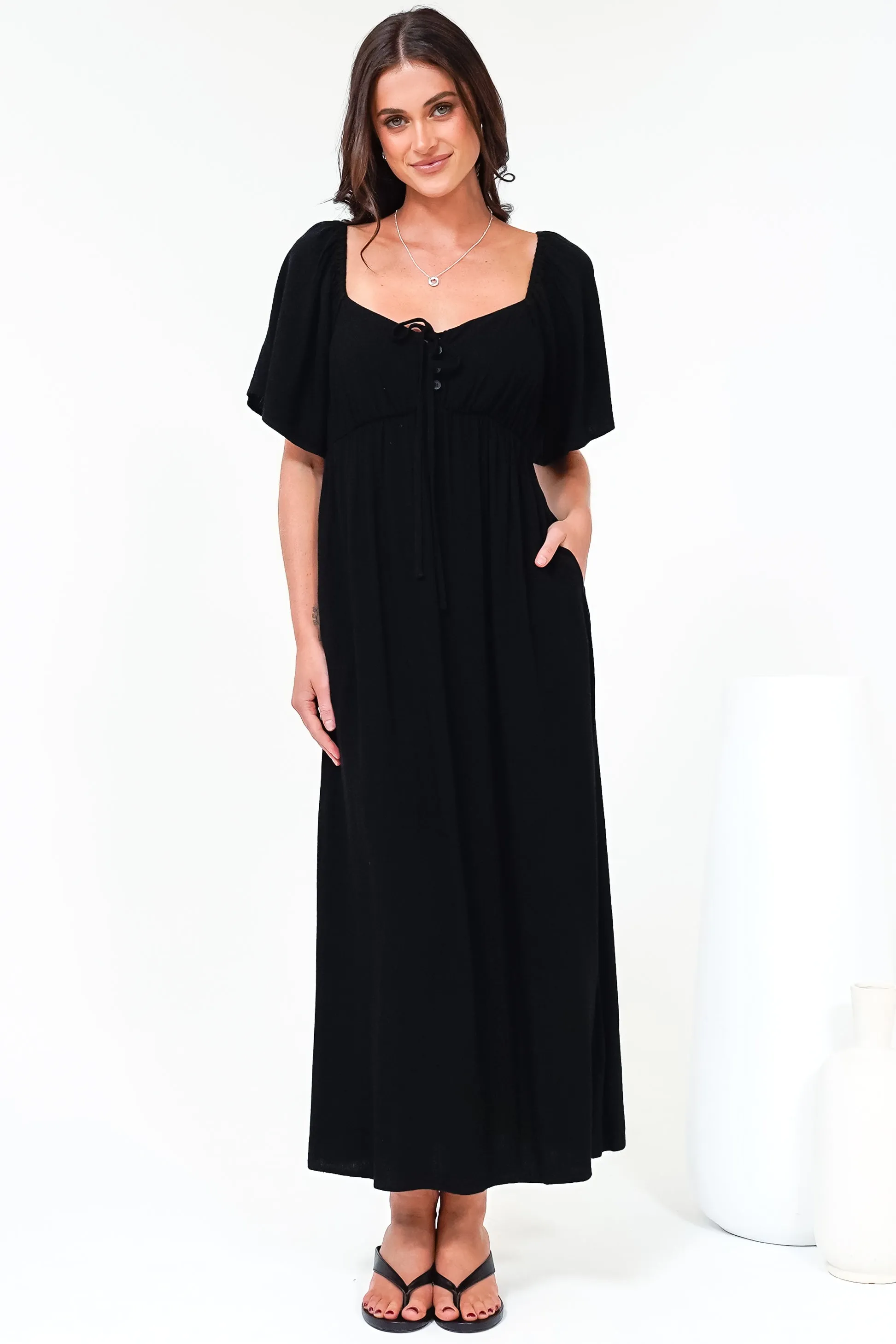 Henrietta Midi Dress - Sweetheart Neckline Short Sleeve Dress in Black sold by Salty Crush product image thumbnail 4