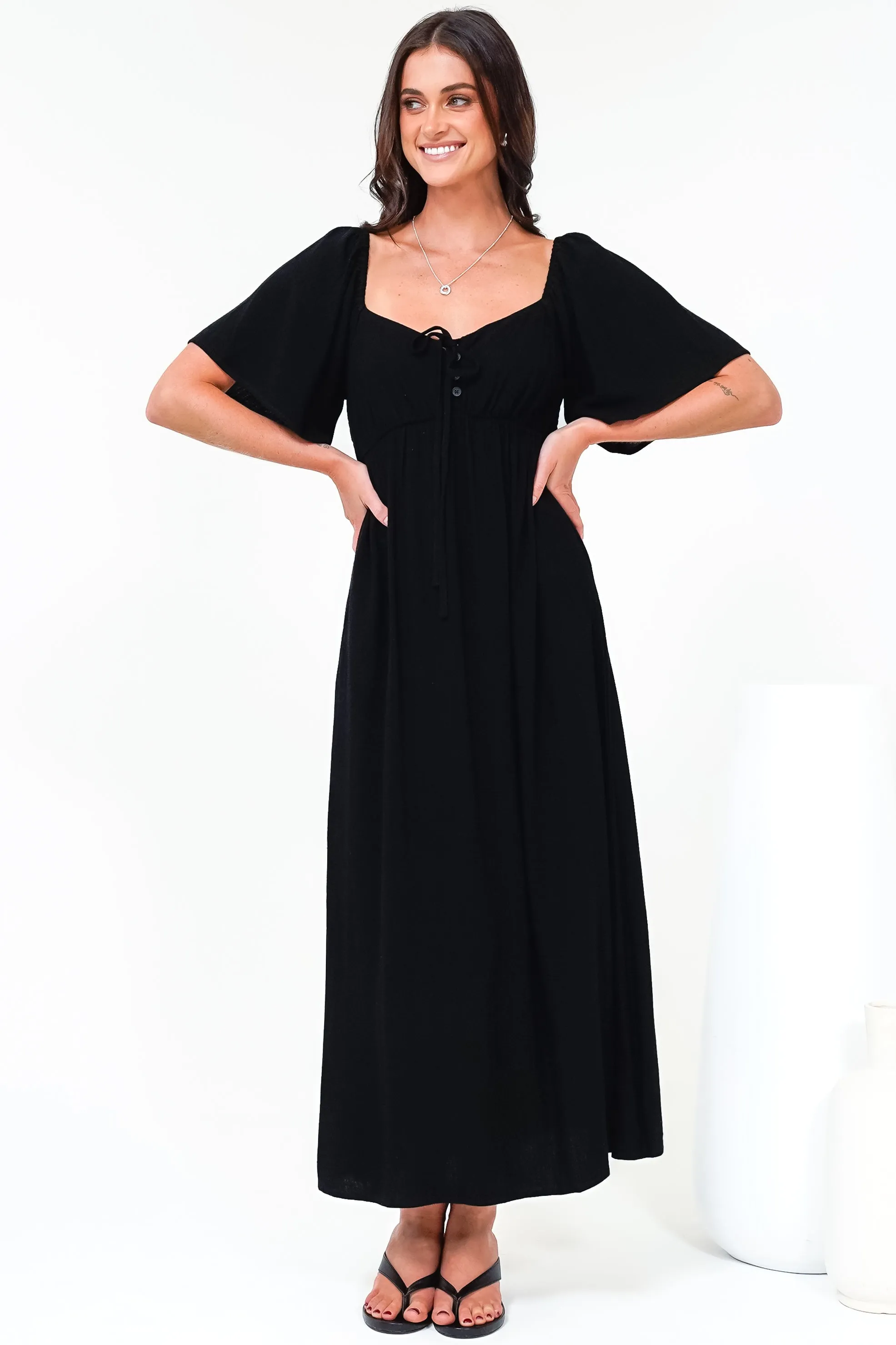 Henrietta Midi Dress - Sweetheart Neckline Short Sleeve Dress in Black sold by Salty Crush product image thumbnail 2