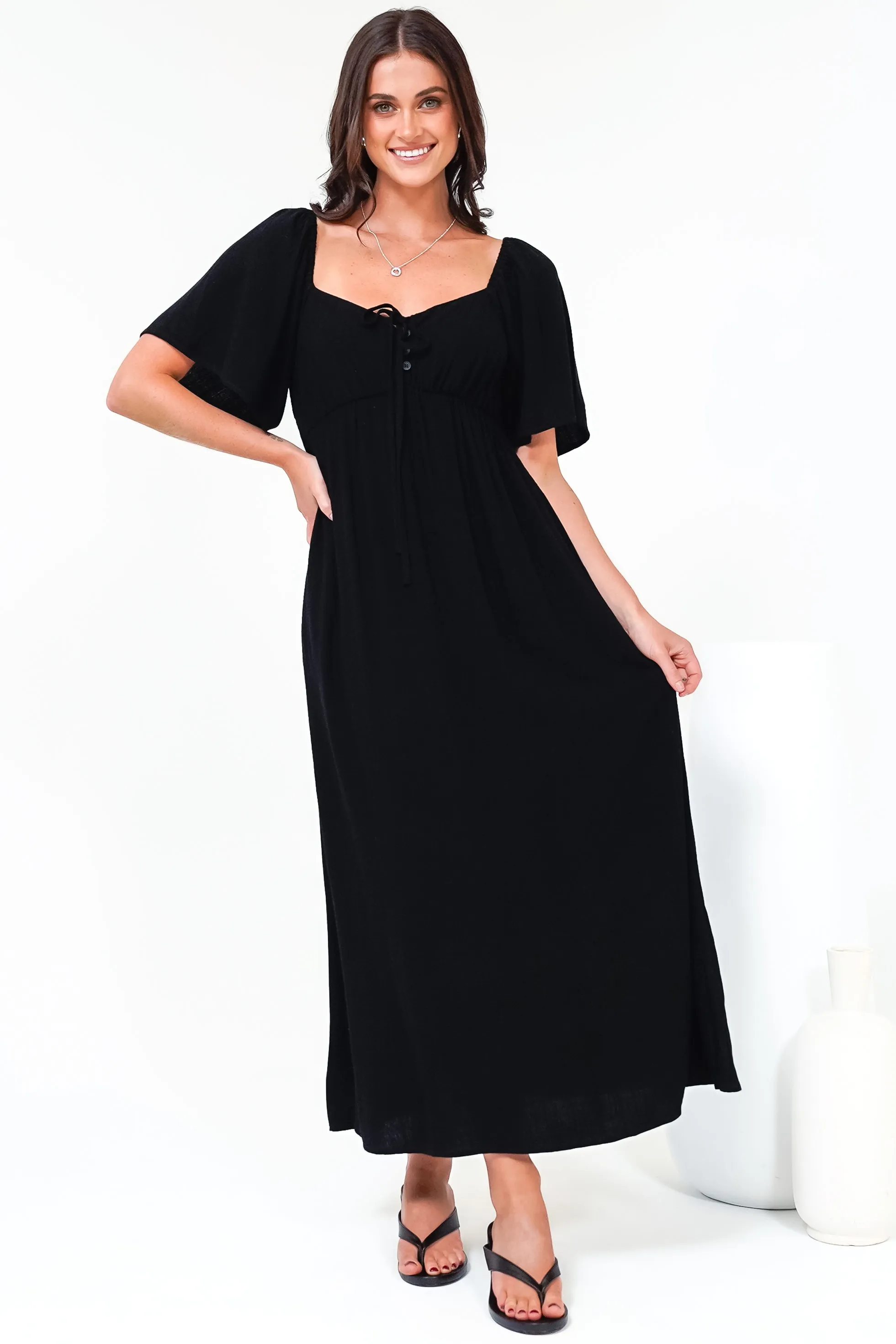 Henrietta Midi Dress - Sweetheart Neckline Short Sleeve Dress in Black sold by Salty Crush product image thumbnail 3