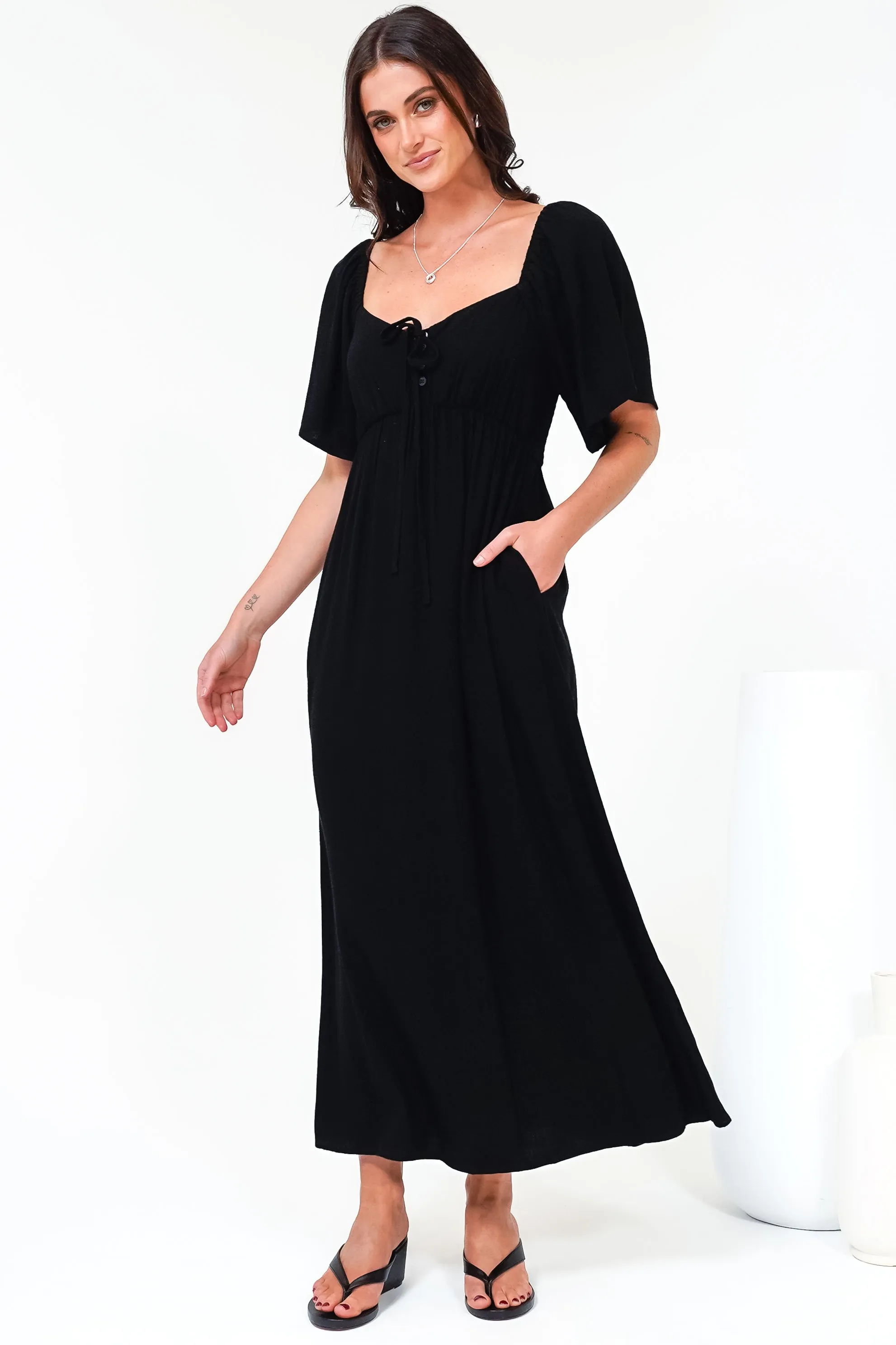 Henrietta Midi Dress - Sweetheart Neckline Short Sleeve Dress in Black sold by Salty Crush product image thumbnail 5