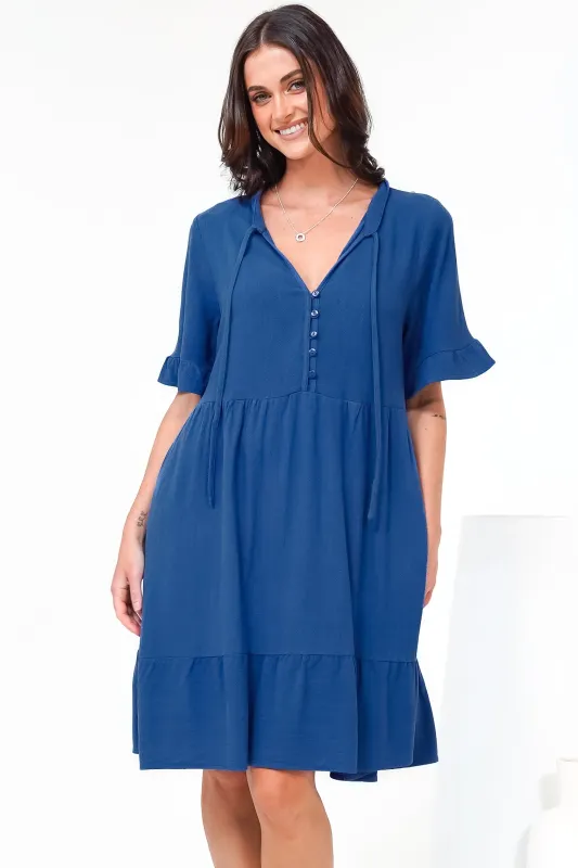 Madalena Mini Dress - Mandarin Collar Buttoned Bodice Smock Dress in Blue sold by Salty Crush