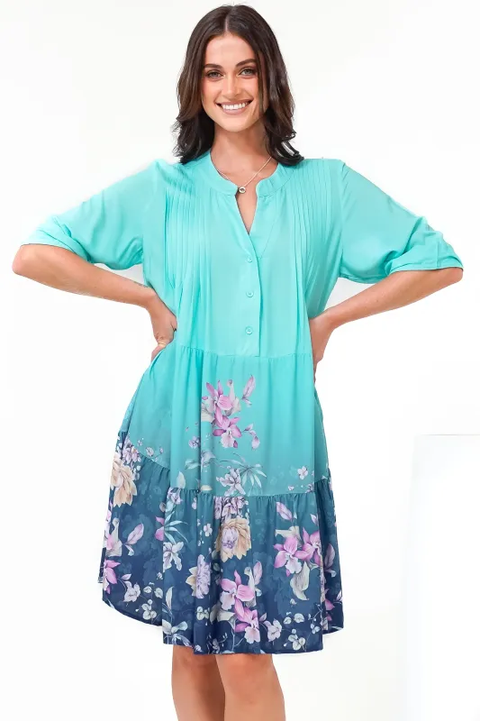 Evie Mini Dress - 3/4 Sleeve Tiered Smock Dress in Candyce Print Blue sold by Salty Crush