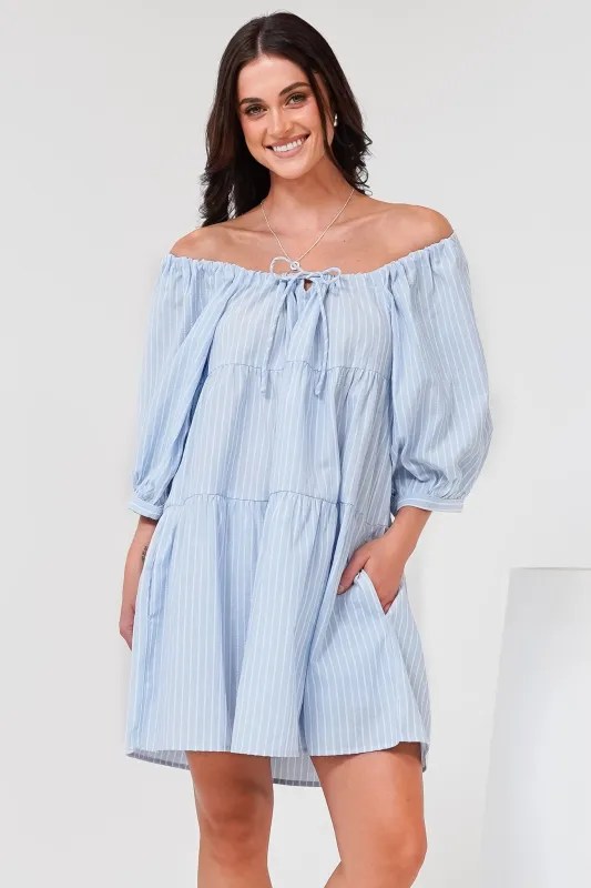 Oliander Mini Dress - On or Off Shoulder Tiered Dress with Pockets in Figaro Stripe Blue sold by Salty Crush
