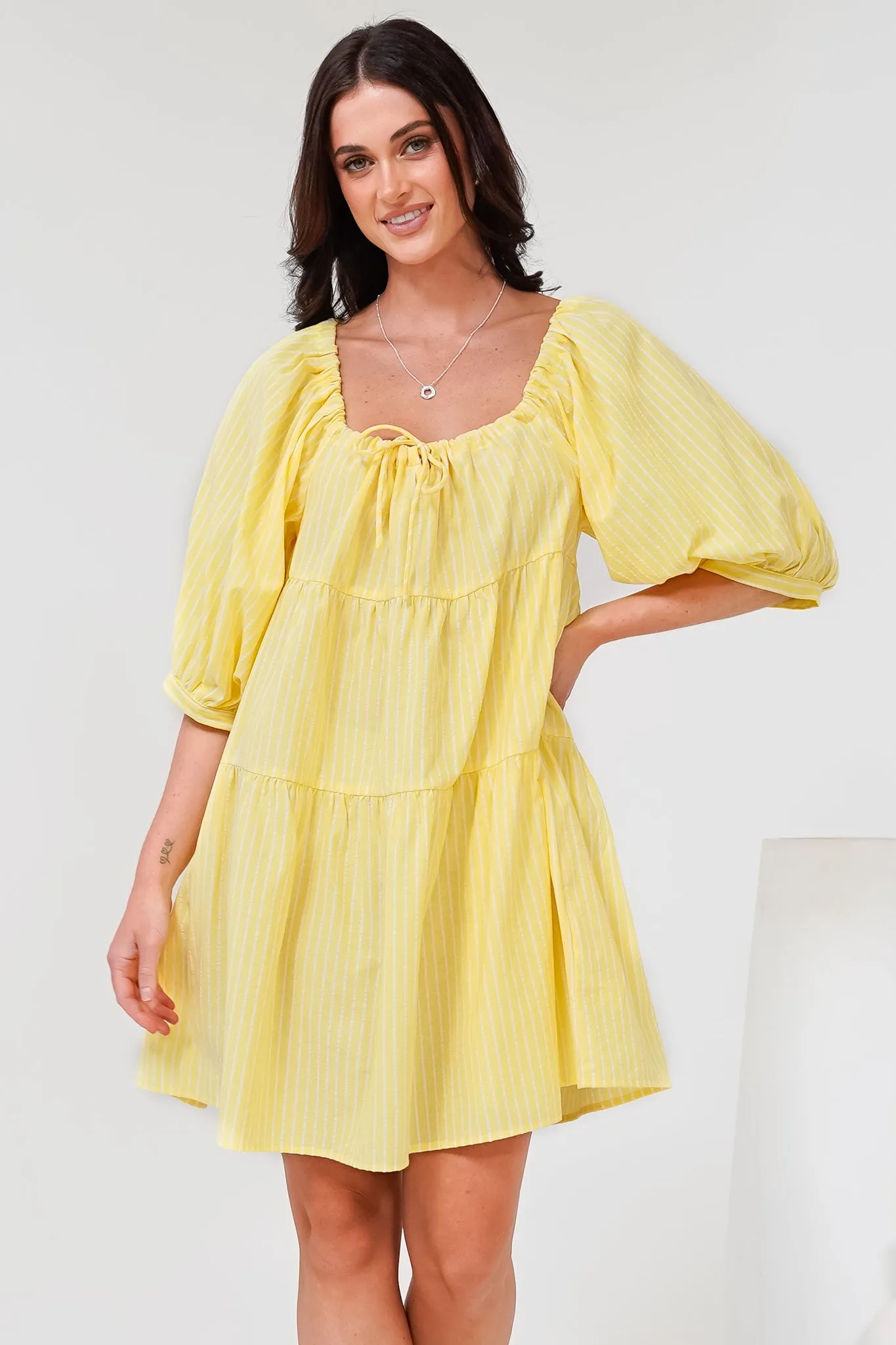 Oliander Mini Dress - On or Off Shoulder Tiered Dress with Pockets in Figaro Stripe Lemon sold by Salty Crush product image thumbnail 4