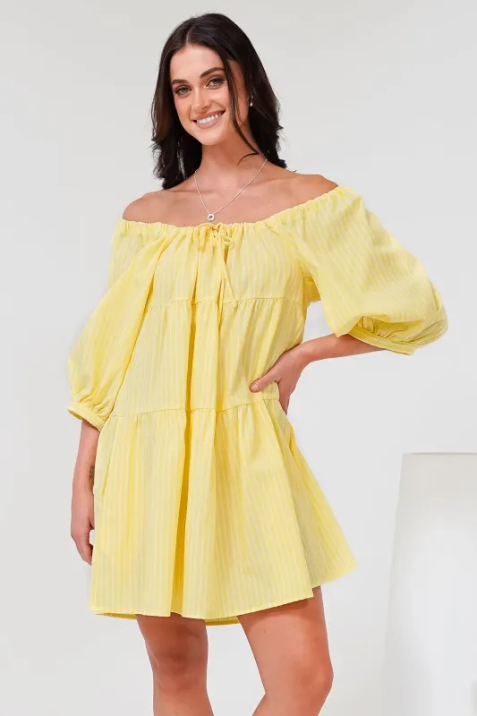 Oliander Mini Dress - On or Off Shoulder Tiered Dress with Pockets in Figaro Stripe Lemon sold by Salty Crush