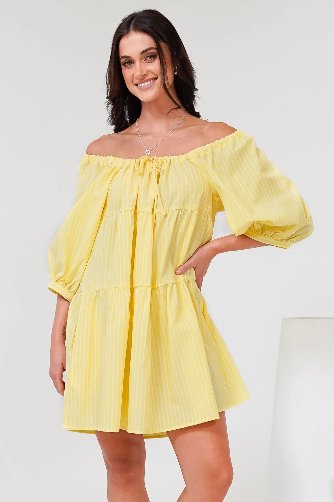 Oliander Mini Dress - On or Off Shoulder Tiered Dress with Pockets in Figaro Stripe Lemon sold by Salty Crush
