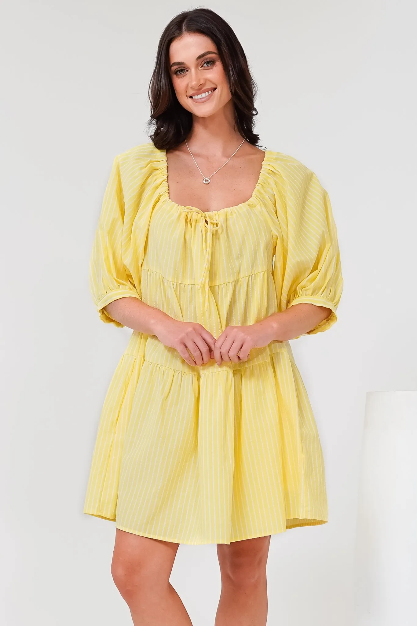 Oliander Mini Dress - On or Off Shoulder Tiered Dress with Pockets in Figaro Stripe Lemon sold by Salty Crush product image thumbnail 2