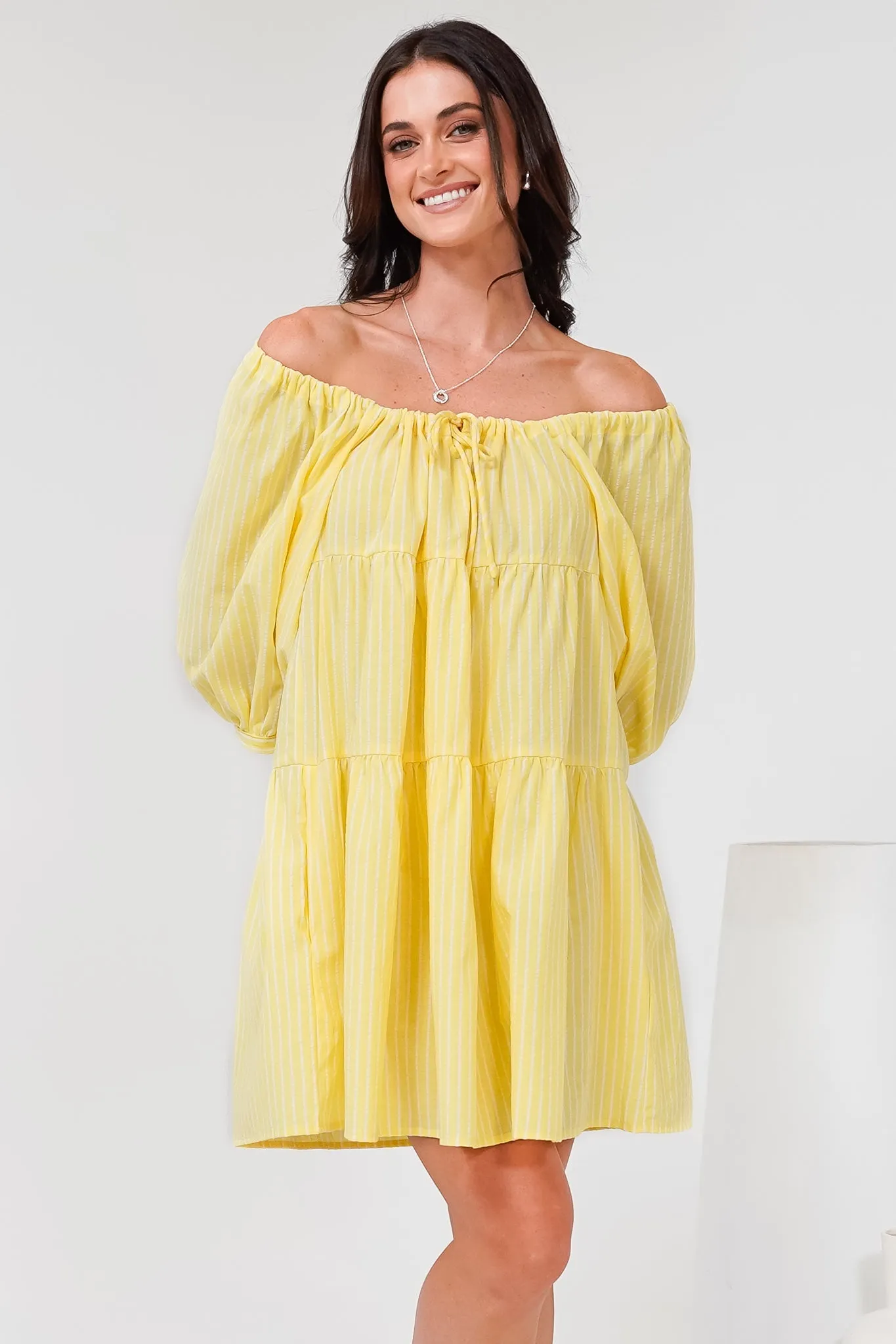 Oliander Mini Dress - On or Off Shoulder Tiered Dress with Pockets in Figaro Stripe Lemon sold by Salty Crush product image thumbnail 3