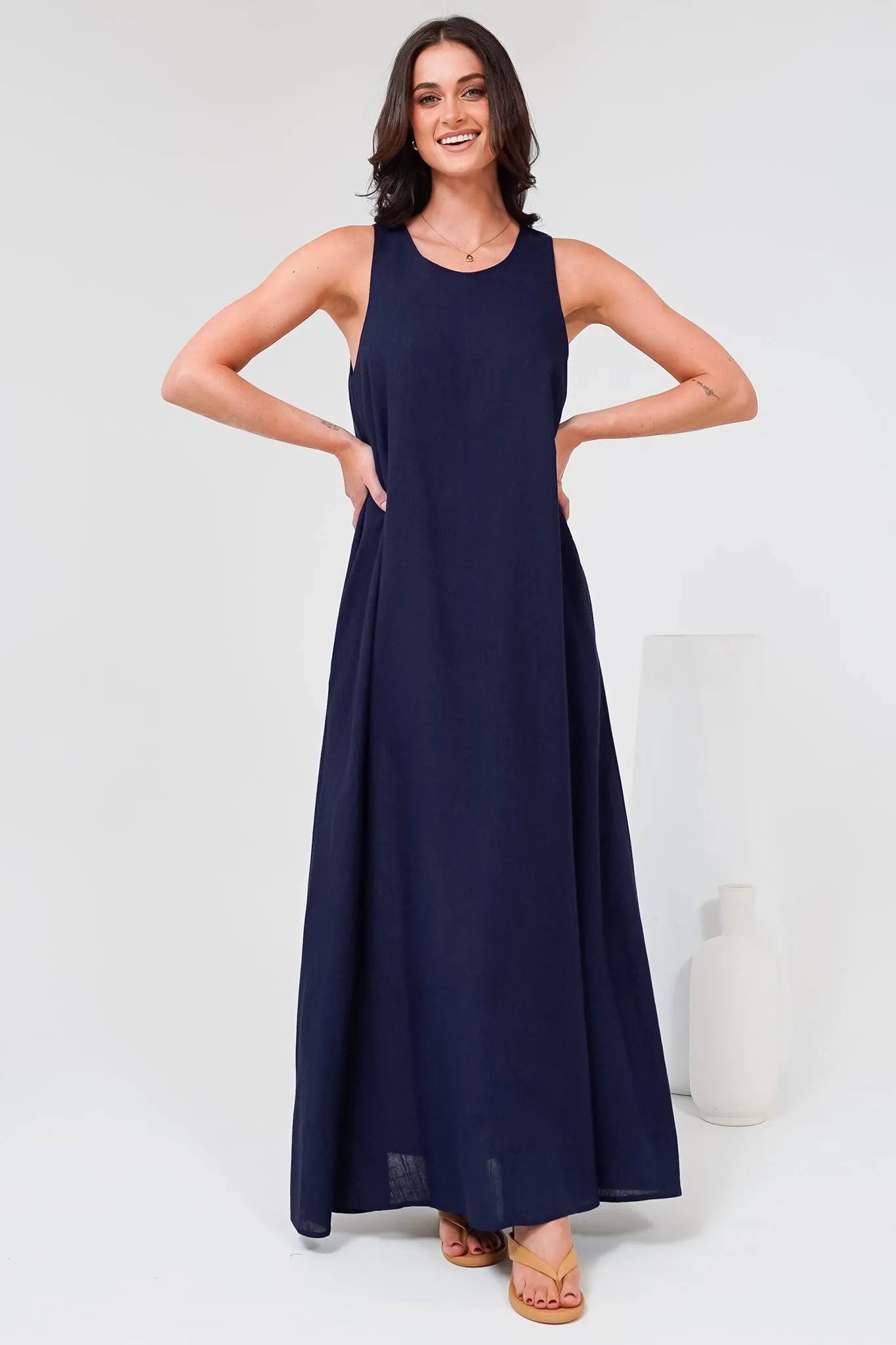 Tineshe Maxi Dress - Crew Neck Streamlined Sleeveless Dress with Pockets in Navy sold by Salty Crush product image thumbnail 2