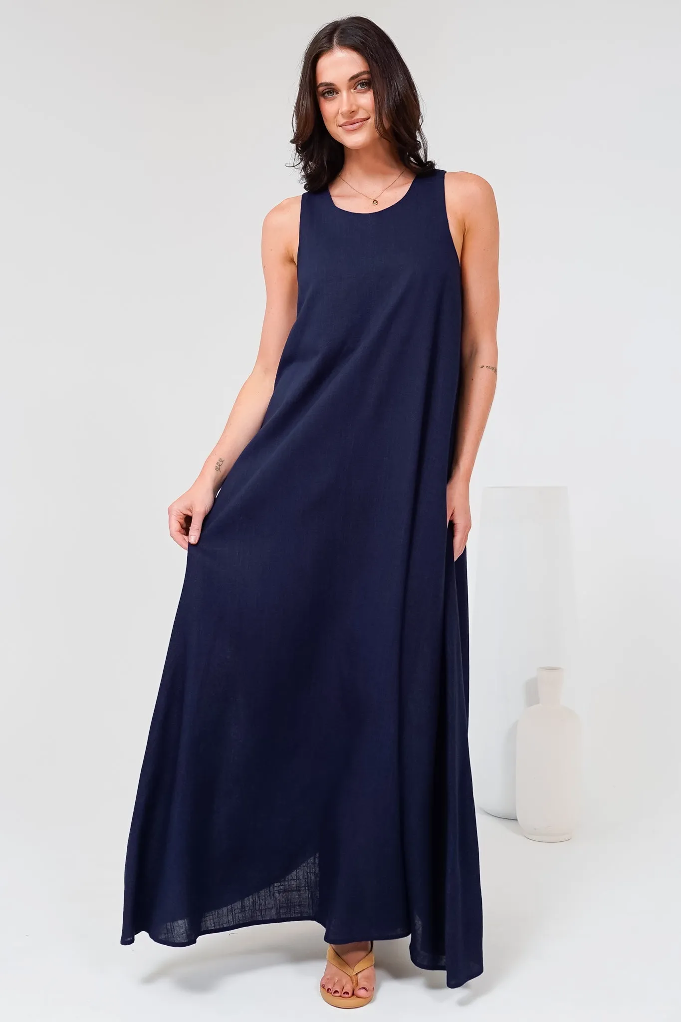 Tineshe Maxi Dress - Crew Neck Streamlined Sleeveless Dress with Pockets in Navy sold by Salty Crush product image thumbnail 4