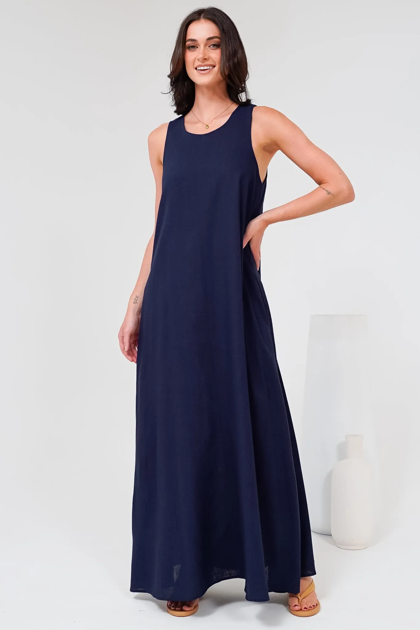 Tineshe Maxi Dress - Crew Neck Streamlined Sleeveless Dress with Pockets in Navy sold by Salty Crush product image thumbnail 5