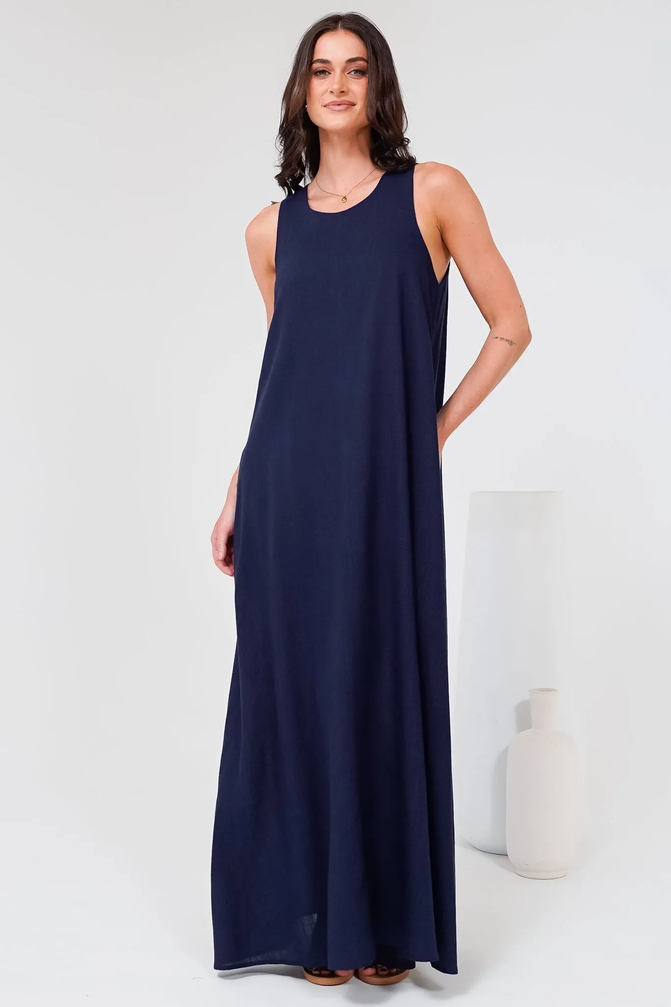 Tineshe Maxi Dress - Crew Neck Streamlined Sleeveless Dress with Pockets in Navy sold by Salty Crush product image thumbnail 3