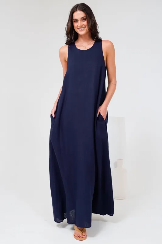 Tineshe Maxi Dress - Crew Neck Streamlined Sleeveless Dress with Pockets in Navy sold by Salty Crush