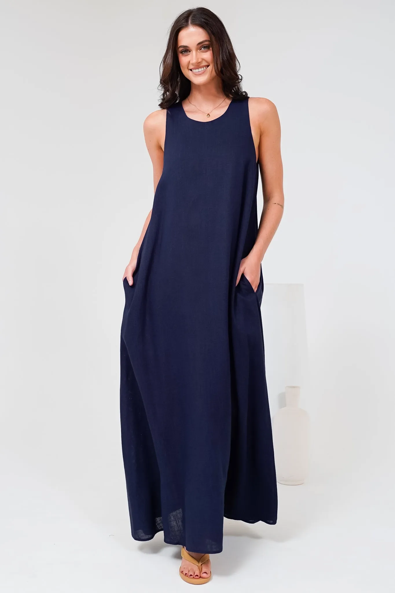 Tineshe Maxi Dress - Crew Neck Streamlined Sleeveless Dress with Pockets in Navy sold by Salty Crush