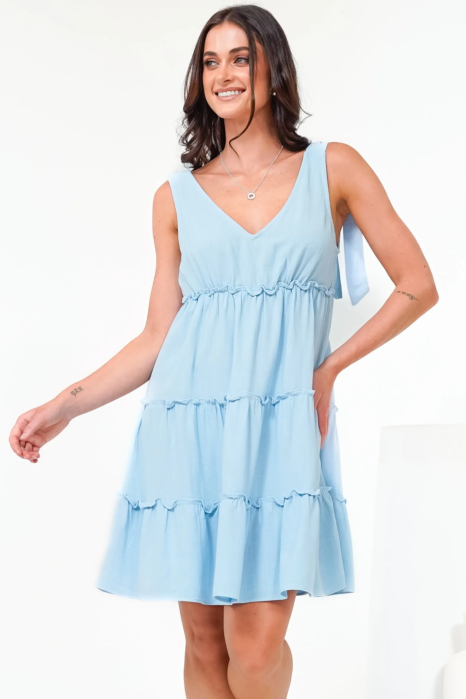 Lacy Mini Dress - Tie on Shoulder Strap Frill Splicing Tiered Sun Dress in Light Blue sold by Salty Crush product image thumbnail 5