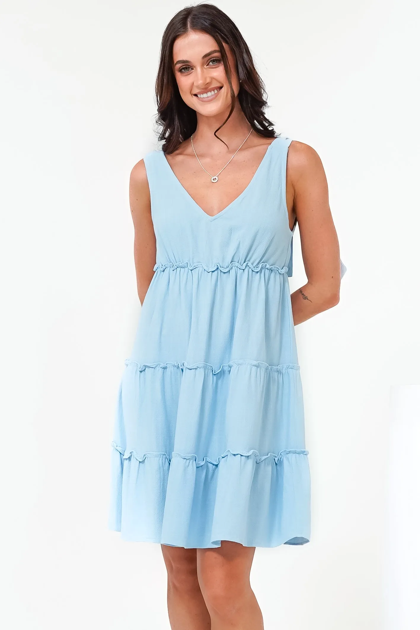 Lacy Mini Dress - Tie on Shoulder Strap Frill Splicing Tiered Sun Dress in Light Blue sold by Salty Crush product image thumbnail 4