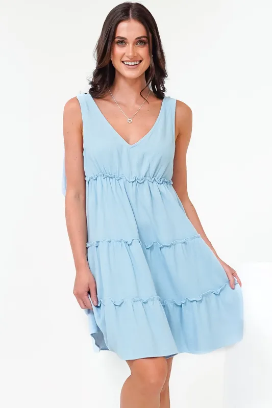 Lacy Mini Dress - Tie on Shoulder Strap Frill Splicing Tiered Sun Dress in Light Blue sold by Salty Crush