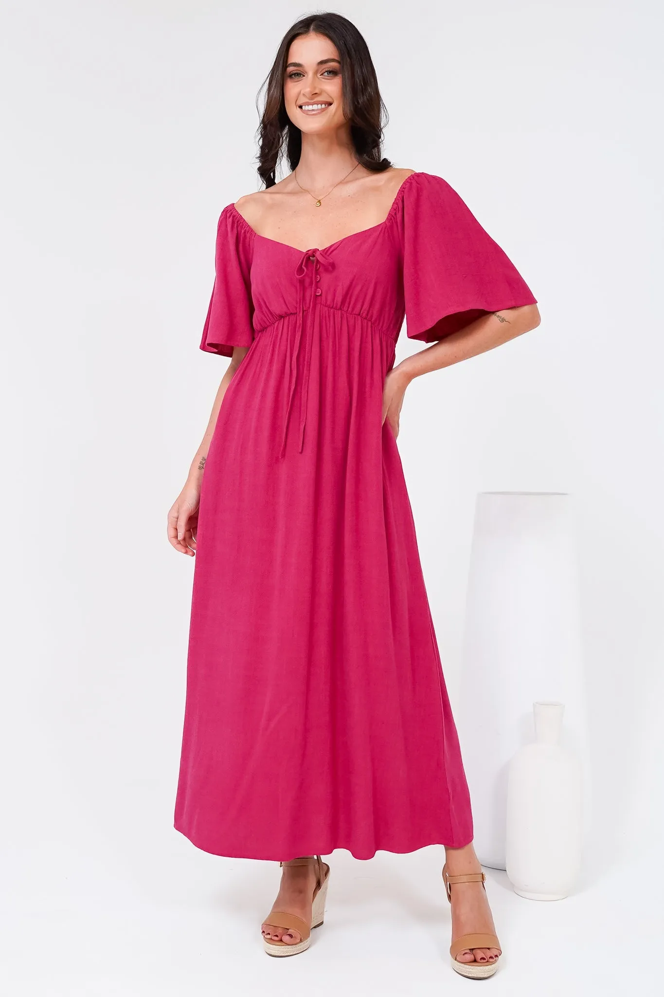 Henrietta Midi Dress - Sweetheart Neckline Short Sleeve Dress in Hot Pink sold by Salty Crush